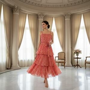 Taylor Coral‑Red Floral Tiered Gown Size 10 NWT